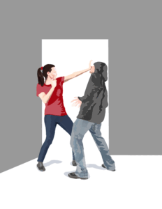 Woman defending herself against an assailant - image created for US Martial Arts Academy, Ltd in Cockeysville, Maryland; www.usmaltd.com, 410-561-9882. ©2022 Maricar Jakubowski All rights reserved. No usage allowed in any form without the written consent of the creator.