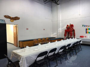 Birthday Party Set Up in Main Classroom of US Martial Arts Academy, Ltd in Cockeysville, Md 21030. We provide setup and clean up, white table goods, pizza, lemonade, water and generic birthday decorations.