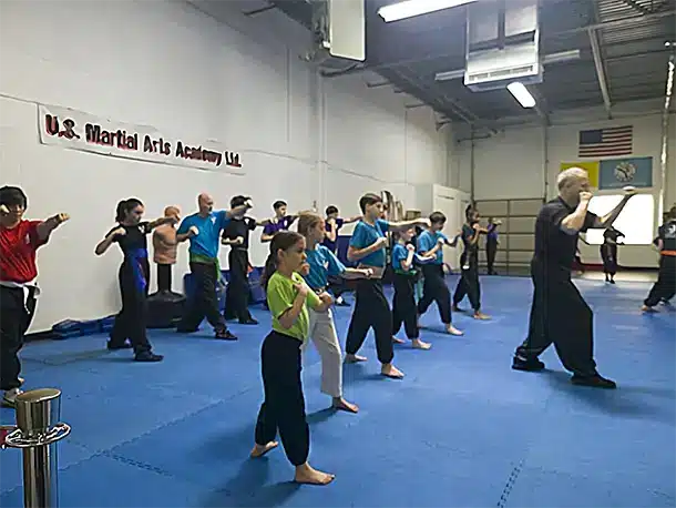 Practicing Kung Fu techniques's at US Martial Arts Academy, Ltd. Learning self-defense and improving fitness, focus, fitness, strength, self-discipline, balance, confidence in class in Cockeysville, Maryland 21030, www.usmaltd.com, 410-561-9882.