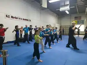 Learning self-defense & improving focus, balance, fitness, strength, self-discipline, confidence in Family Kung Fu in class at US Martial Arts Academy, Ltd in Cockeysville, Maryland 21030, www.usmaltd.com, 410-561-9882.
