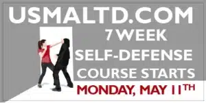 Woman Defending Against an Attacker--A 7 week Self-Defense Course teaching simple, effective techniques to defend against an attacker.