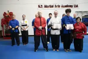 US Martial Arts Academy Black Sash Test Demonstrate forms, board breaks and skit.